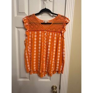 Orange Embroidered Boho Blouse Lace Yoke Flutter Sleeve Button Front Large